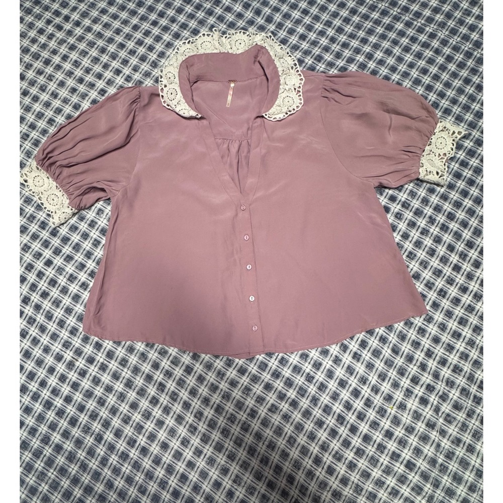 Free People My Love Lace Top Mauve Purple Crochet Collar Puff Sleeve Blouse XS
